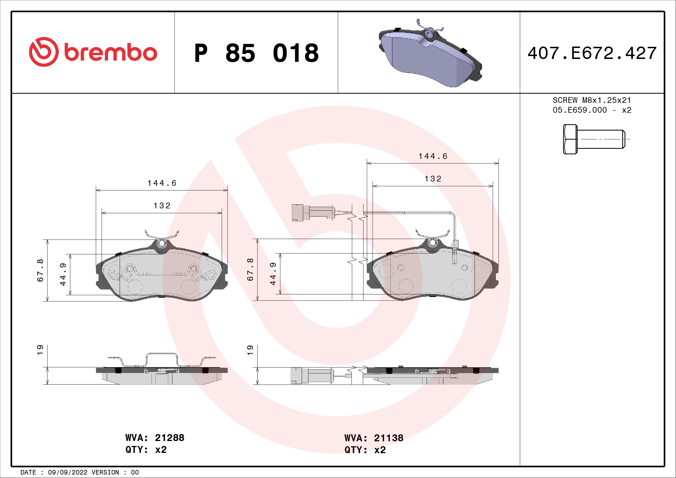 A.B.S. P 85 018 BREMBO Bremsbelagsatz, Scheibenbremse